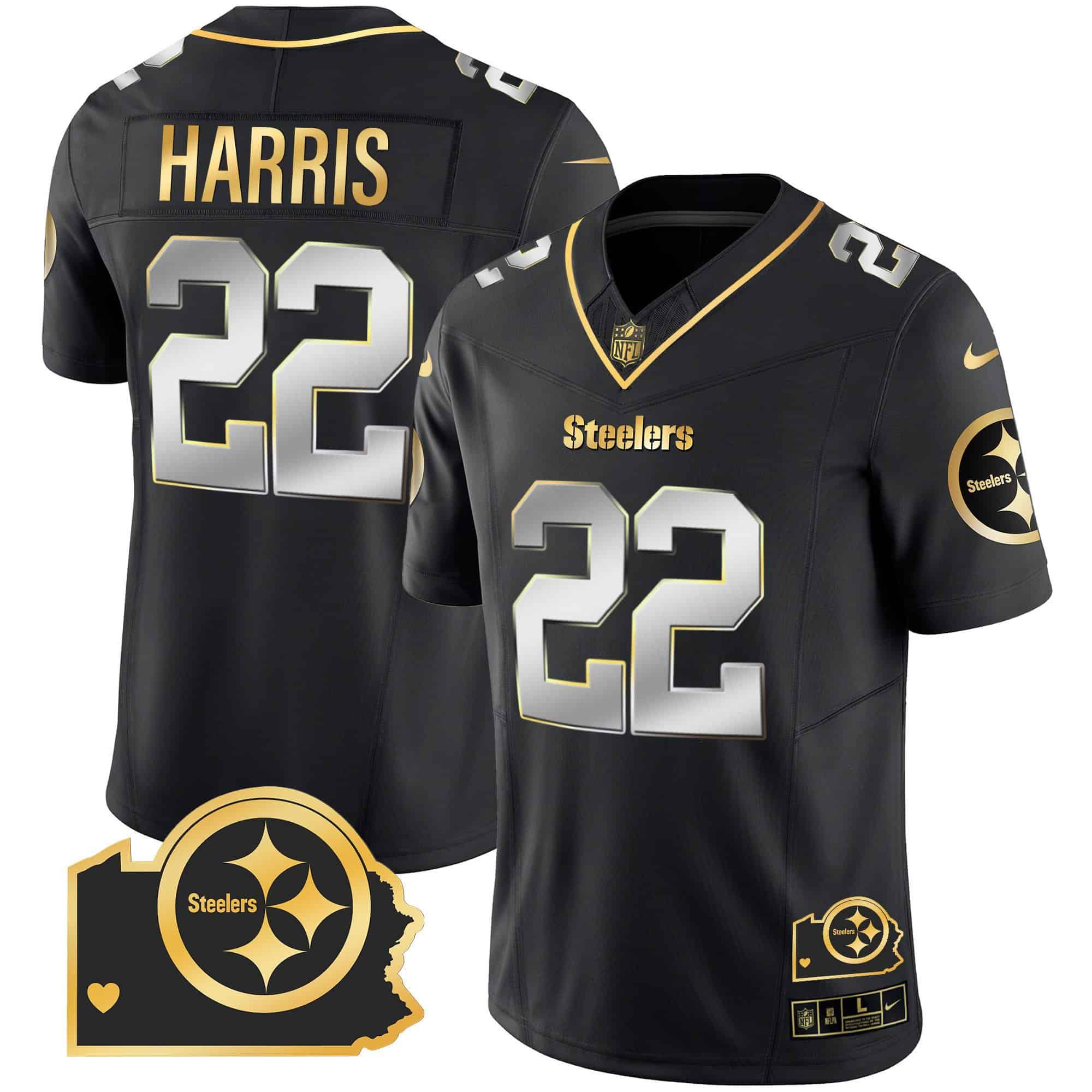 Men Pittsburgh Steelers 22 Harris Black Gold 2024 Nike Home Patch Vapor Limited NFL Jersey style 1